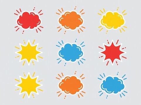 A collection of nine colorful hand-drawn cartoon explosion and starburst shapes with radiating lines on a light gray background.