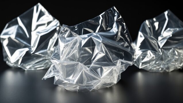 Set transparent adhesive tape, crumpled and isolated on a black background, with clipping path included