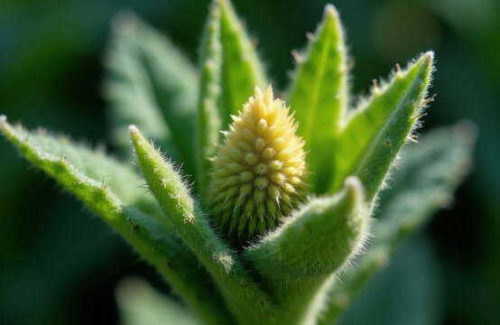 Closeup of fuzzy green mullein plant in spring garden. Small yellow flower bud emerges from soft leaves. Botany life grows in wild environment with healthy organic texture. Natural floral detail
