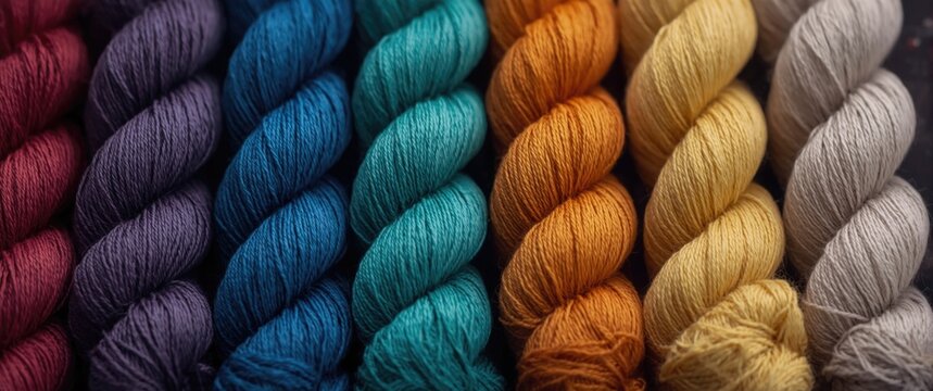 Colorful Yarn Skeins Arranged in a Rainbow Pattern on a Dark Background