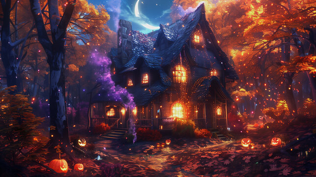 Mysterious magical house in an autumn forest at night decorated with glowing Halloween pumpkins.