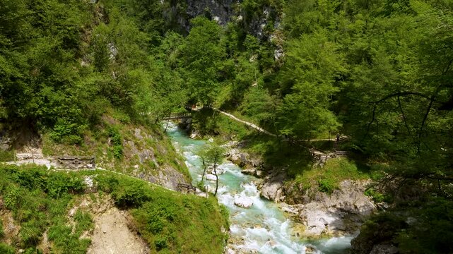 Slow rising drone view of Tolmin Gorge (Tolminska Korita), Slovenia, turquoise river, walking trails and limestone canyon.
