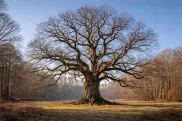 Naklejka premium Majestic Oak Tree Standing in a Foggy Field at Sunrise with Bare Branches