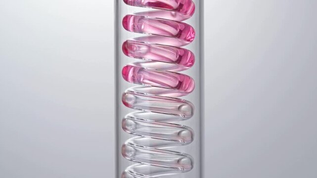 Macro video of pure pink liquid flowing in glass spiral condenser tube, medical science chemistry lab cosmetic skincare serum distillation