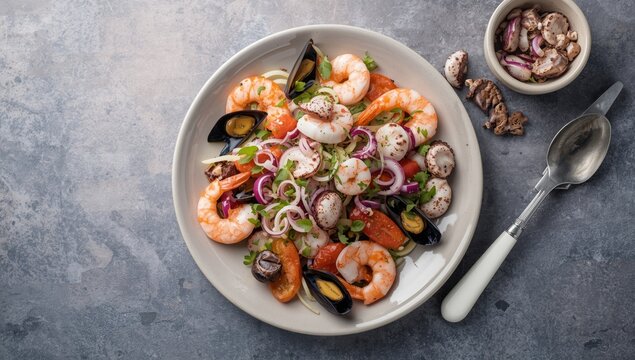 Seafood salad with shrimp, mussels, and vegetables