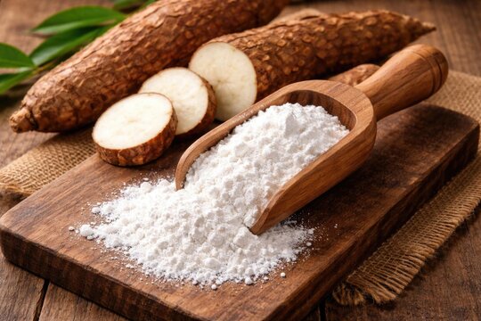 Yuca Flour in Wooden Scoop with Fresh Yuca Roots on Rustic Table