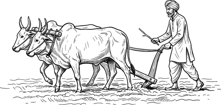 Traditional Indian farmer plowing soil with wooden plow pulled by two horned oxen vintage woodcut sketch vector