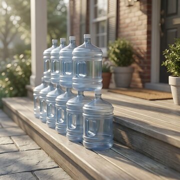 Large plastic water bottles delivered and sitting on the front porch steps of a residential house entrance. 5 gallon jug