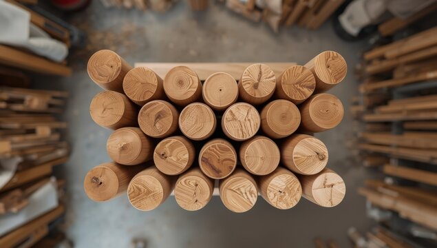 Stacked Wooden Dowels with Engraved Patterns in Workshop Setting