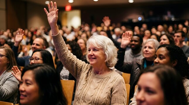 Happy senior woman with white hair raising her hand to ask a question during a large indoor seminar conference event
