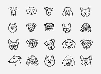 Cute dog breeds outline icon collection. Golden retriever, dachshund, pug, poodle and husky puppy line art sketch vector symbol set. © FreelancerHasin