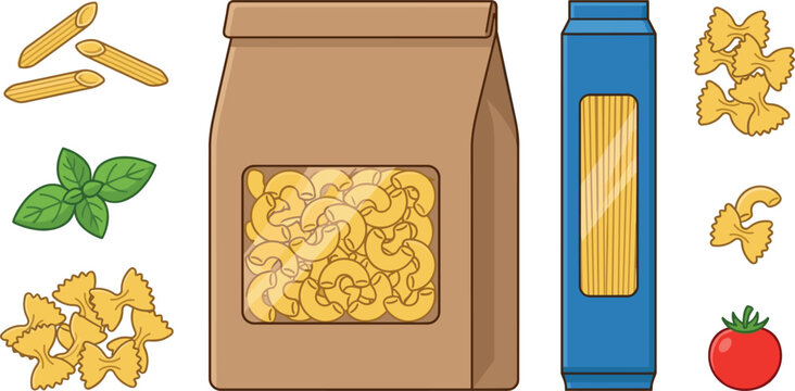 Italian Pasta Varieties and Packaging Vector Icon Set Featuring Macaroni Bag Spaghetti Box Penne Farfalle Bowtie Shapes Basil Leaf and Tomato Elements
