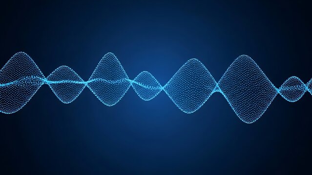 Abstract blue sound wave form composed of glowing digital particles, horizontal sine wave pattern on a dark gradient background