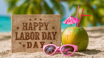 Happy labor day sign and coconut drink with sunglasses on sandy beach by ocean, summer holiday concept.