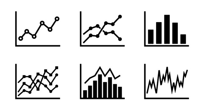 70 Modern Data Visualization Icons, Business Analytics Charts Set, Financial Growth Graphs Collection, Black and White Vector Graphics 100