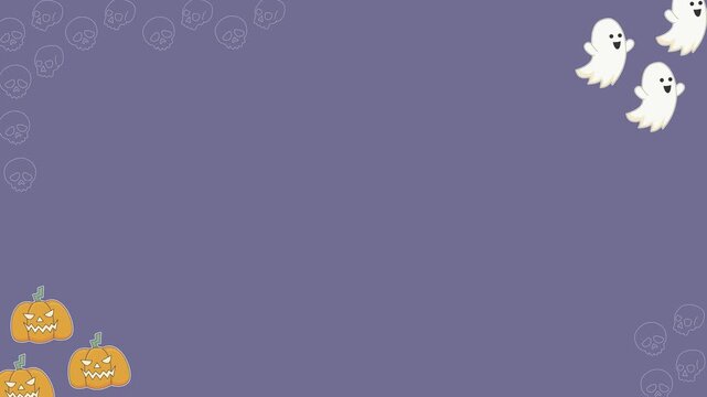 Seamless looping background animation of swaying jack o lanterns and ghosts in the corners with wide dark grey center text copy space. Flat style holiday frame design concept