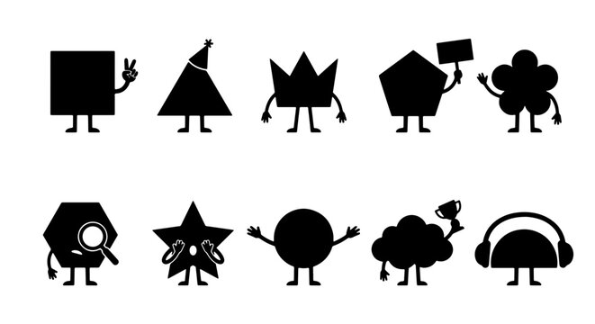 70 Playful Geometric Shapes Collection, Vector Icons Set, Cartoon Characters, Simple Black Silhouettes for Education and Design 100