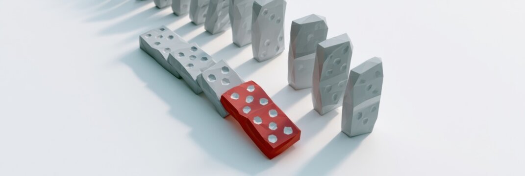Sequence of Low Poly Geometric Dominos Falling With One Red Domino Triggering Gray Dominos on a Clean White Background and Minimal Shadows