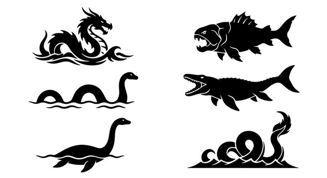 70 Mythical Sea Creatures Vector Icons: Dragon, Loch Ness Monster, Leviathan, Fish, Serpent, Kraken Silhouette Collection 100