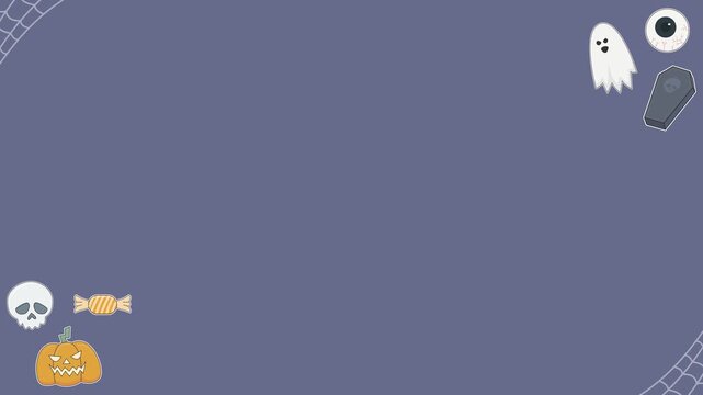 Seamless looping background animation of swaying spooky Halloween elements like jack o lantern, skull, and ghost with wide dark gray center text copy space. Flat style concept design