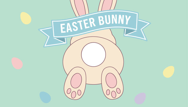 Cute easter bunny butt with pink paws hanging from a blue ribbon sign with the words Easter Bunny on a pastel green background.
