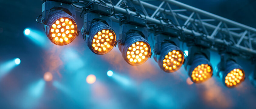 Multiple LED stage lights glowing in yellow and blue, creating a dynamic light show.