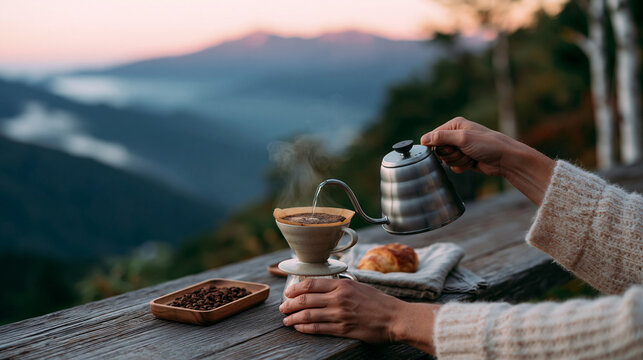 Person pouring hot water into a dripper to prepare fresh pour over coffee outdoors with mountain view.