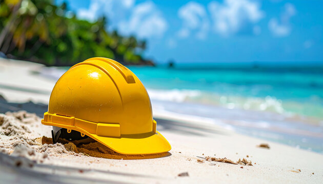 Yellow construction hard hat on tropical sandy beach, turquoise ocean water in background, blurred green palm trees, work and relaxation, safety and vacation concept. Close-up.