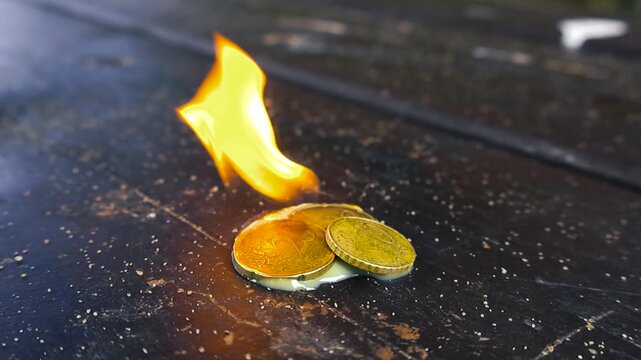 Golden euro cent coins engulfed in bright orange flames on a dark wooden table, symbolizing financial crisis, inflation, burning money, economic collapse, and market volatility