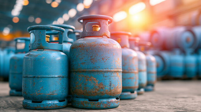 Row of weathered blue gas canisters standing on floor in industrial facility with orange lighting.