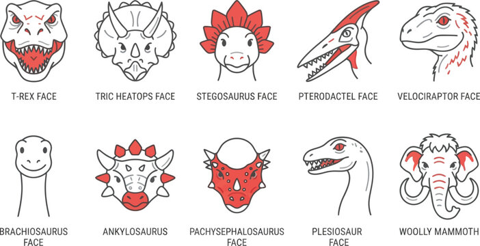 Dinosaur Faces Vector Illustration with Red Accents on White Background