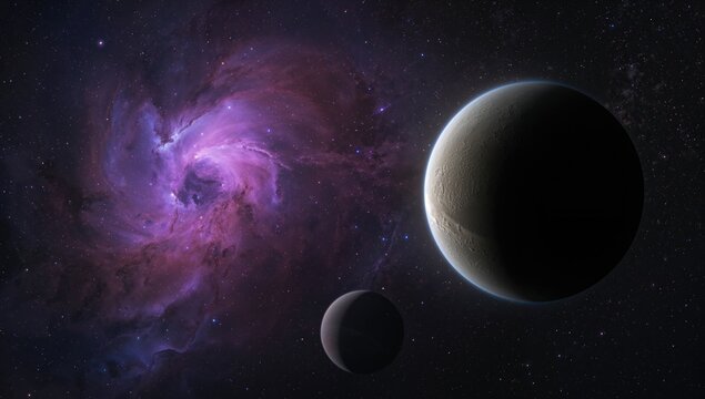 Celestial Scene with Two Planets Near a Colorful Nebula in Space