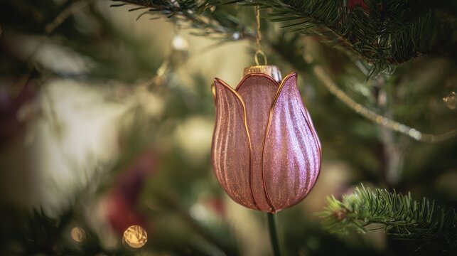 Pink flower ornament hangs on a green Christmas tree during the holiday season at home in the evening light