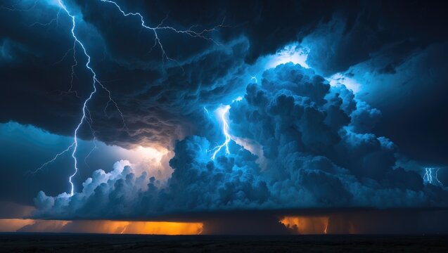 Thunderous dark sky with black clouds and flashing lightning. Panoramic view. Concept on the theme of weather phenomena, natural disasters, storms, typhoons, tornadoes, thunderstorms, lightning.