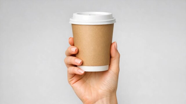 A person's hand is holding a paper coffee cup with a clear plastic lid.