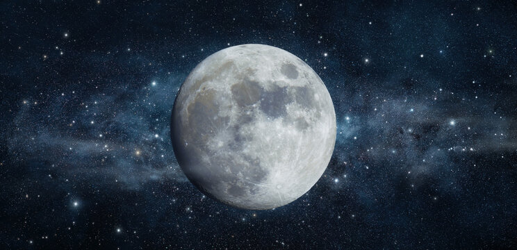 Sharp photo of the moon in its full glory, a majestic composite with clouds and shining stars in the dark blue night sky