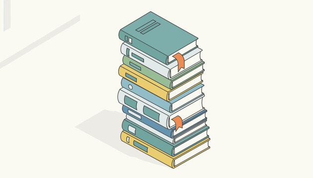 High isometric stack of colorful books with bookmarks on a clean background, symbolizing knowledge and education.