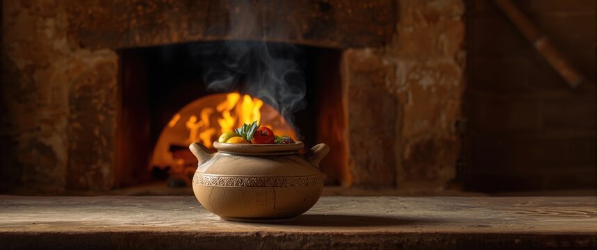 Clay Pot with Steaming Vegetables in Front of a Rustic Fireplace