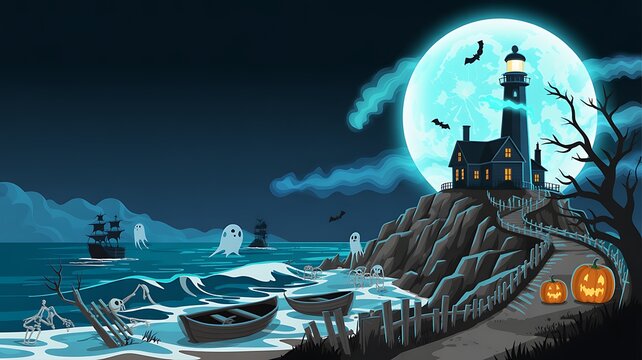 Spooky lighthouse at night with ghosts and full moon