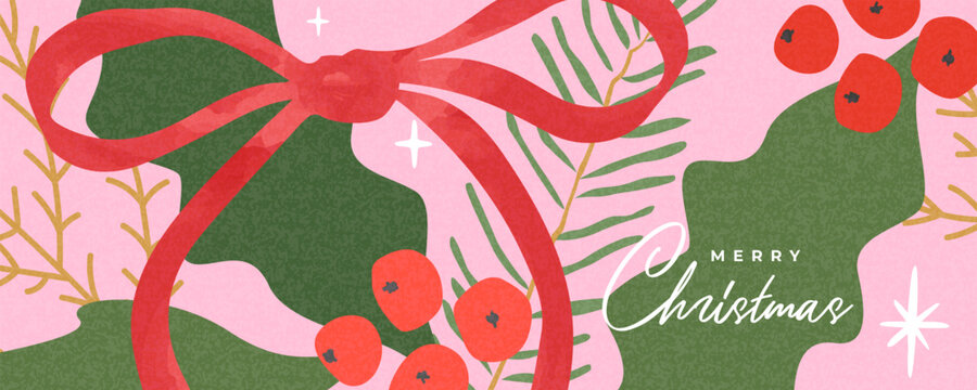 Modern Christmas background featuring an elegant red ribbon, festive winter greenery, holly berries and minimalist decorative elements. Stylish Xmas illustration perfect for greetings, ad, print