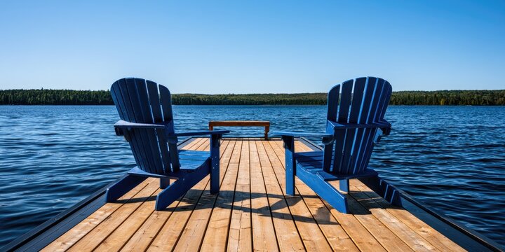 Two blue chairs on a wooden dock facing a calm lake and forested horizon