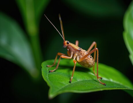 Common assassin bug rests on green leaf surface. Brown predatory insect stands on plant foliage in garden. Wildlife macro shot shows detailed creature body with long antennae. Small wild animal in