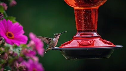 Fototapeta premium Hummingbird Feeding at a Red Feeder Surrounded by Colorful Flowers
