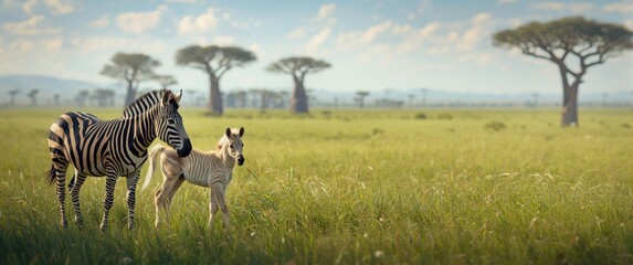 Obraz premium Zebra and Foal Grazing in a Savanna Landscape with Baobab Trees