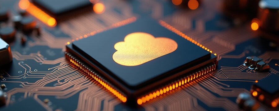 Computer chip with cloud icon signifies cloud computing. Intricate circuits glow orange. Symbolizes digital data processing and network connectivity.