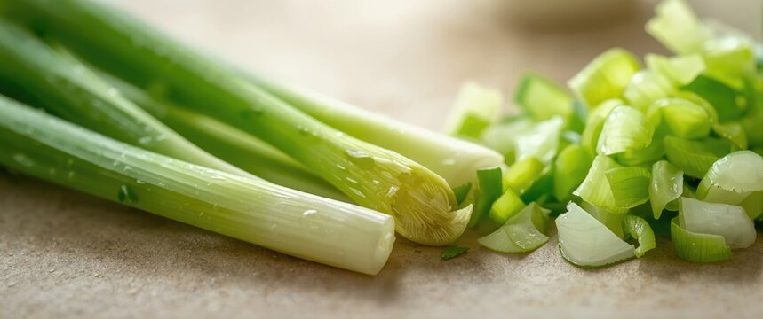 Fresh Green Onions and Chopped Scallions on Wooden Surface with Soft Lighting