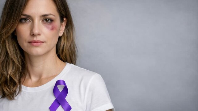 of a woman wearing a white t-shirt with a purple ribbon symbolizing a cause or movement she supports. She has a subtle facial injury visible in the form of a bruise near her eye.