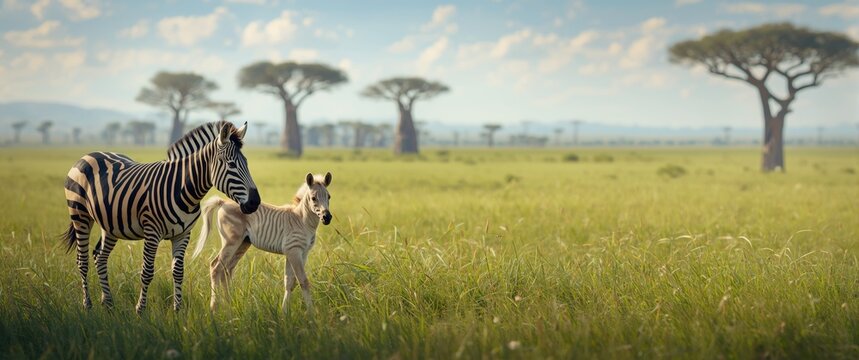 Zebra and Foal Grazing in a Savanna Landscape with Baobab Trees