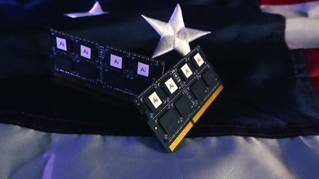 Artificial intelligence chips and semiconductor memory modules resting on an American flag, symbolizing the nation's technological advancement, innovation, and leadership in the global tech race