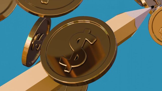 The camera moves from the graphite tip to the eraser area of a floating yellow pencil while a double helix of golden coins spins continuously around it; 3d animation.